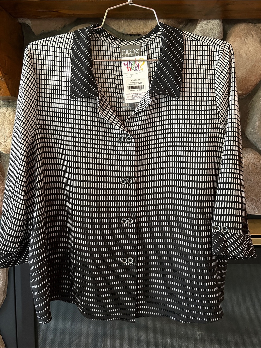 Niche Women's Black and White Patterned 3/4 Sleeve Button-Up Blouse, Sz S, NWT